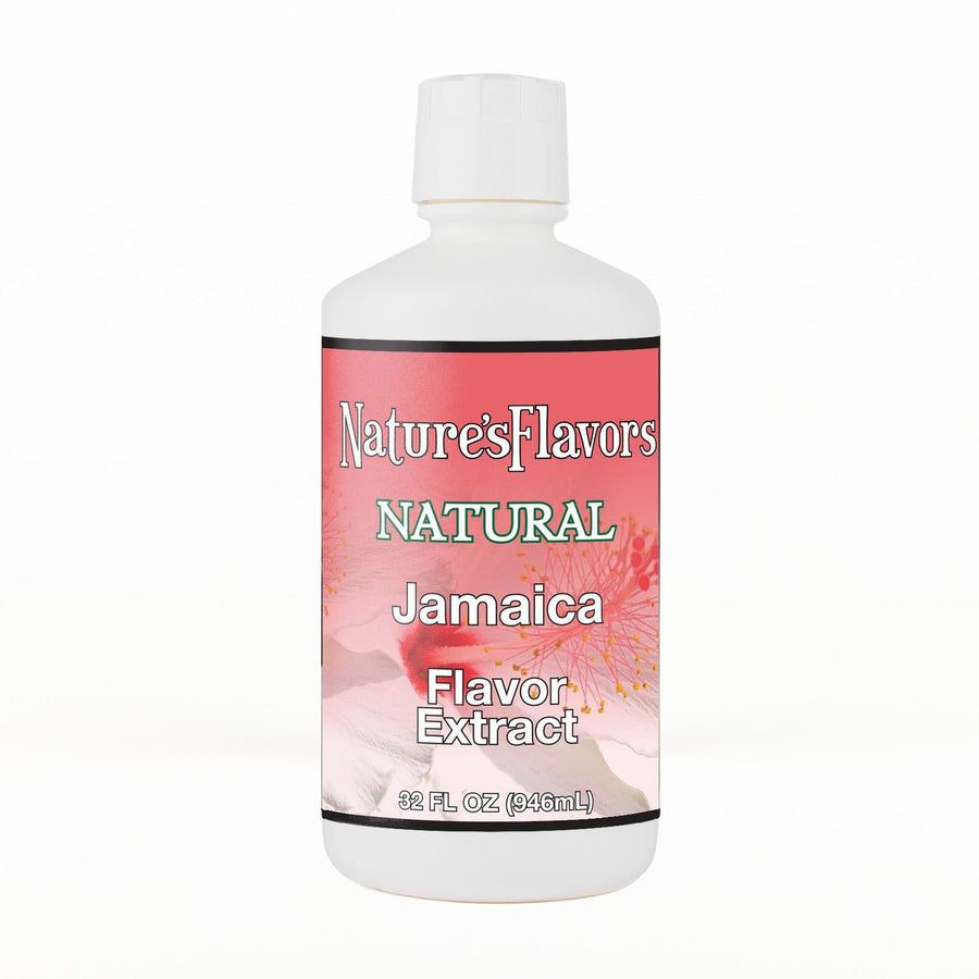A 32 fl oz white plastic bottle of Nature's Flavors Jamaica Flavor Extract, Natural with a white cap, centered on a white background.