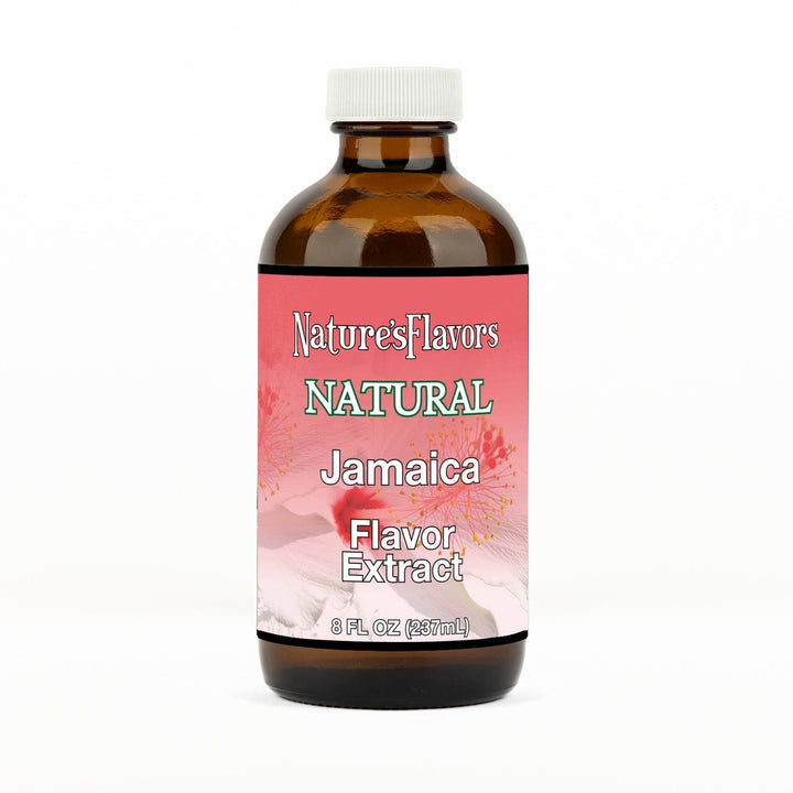 An 8 fl oz amber glass bottle of Nature's Flavors Jamaica Flavor Extract, Natural with a white cap, centered on a white background.