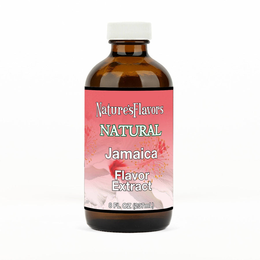 An 8 fl oz amber glass bottle of Nature's Flavors Jamaica Flavor Extract, Natural with a white cap, centered on a white background.