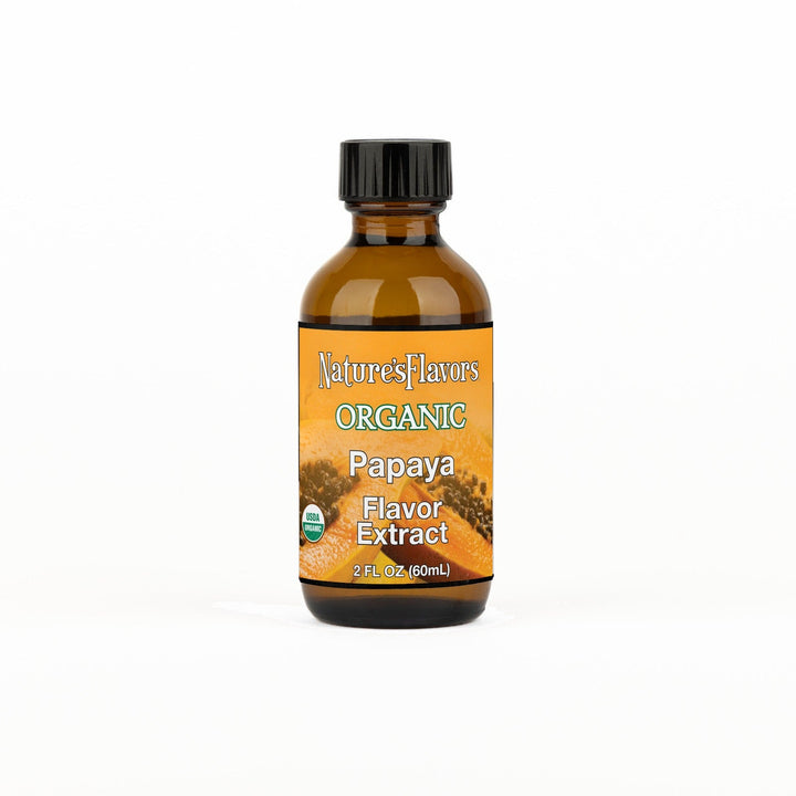 A 2 fl oz amber glass bottle of Nature's Flavors Papaya Flavor Extract, Organic with a black cap, centered on a white background.