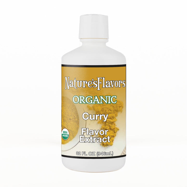 A 32 fl oz white plastic bottle of Nature's Flavors Curry Flavor Extract, Organic with a white cap, centered on a white background.