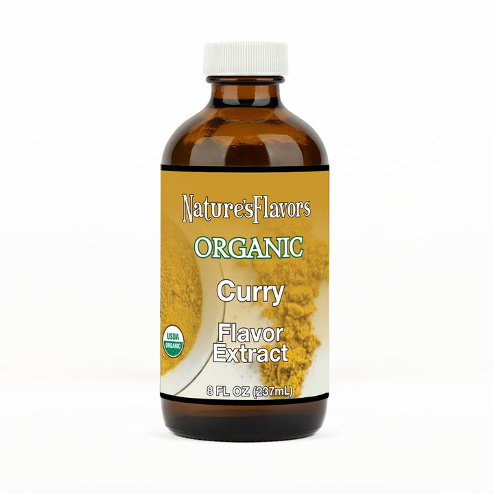An 8 fl oz amber glass bottle of Nature's Flavors Curry Flavor Extract, Organic with a white cap, centered on a white background.