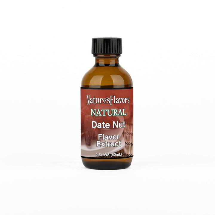 A 2 fl oz amber glass bottle of Nature's Flavors Date Nut Flavor Extract, Natural with a black cap, centered on a white background.