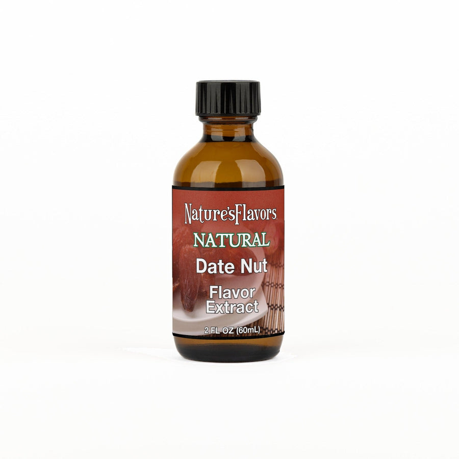 A 2 fl oz amber glass bottle of Nature's Flavors Date Nut Flavor Extract, Natural with a black cap, centered on a white background.