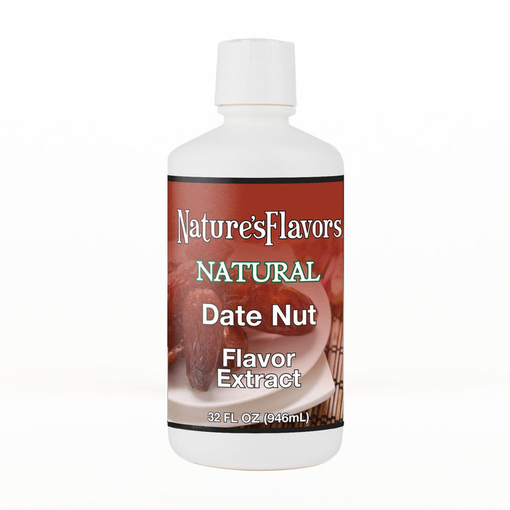 A 32 fl oz white plastic bottle of Nature's Flavors Date Nut Flavor Extract, Natural with a white cap, centered on a white background.