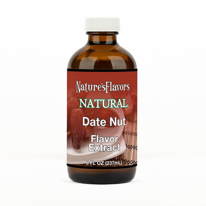 An 8 fl oz amber glass bottle of Nature's Flavors Date Nut Flavor Extract, Natural with a white cap, centered on a white background.