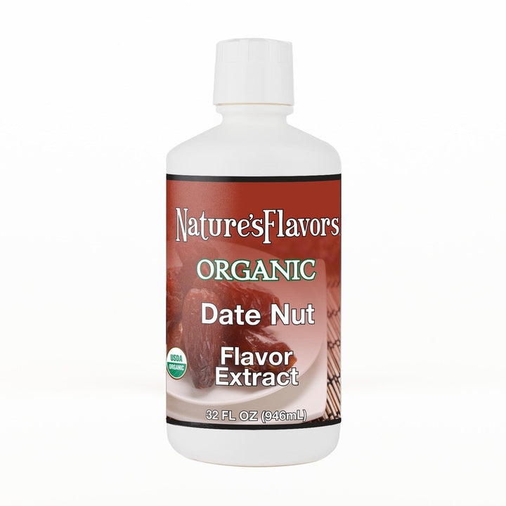 A 32 fl oz white plastic bottle of Nature's Flavors Date Nut Flavor Extract, Organic with a white cap, centered on a white background.