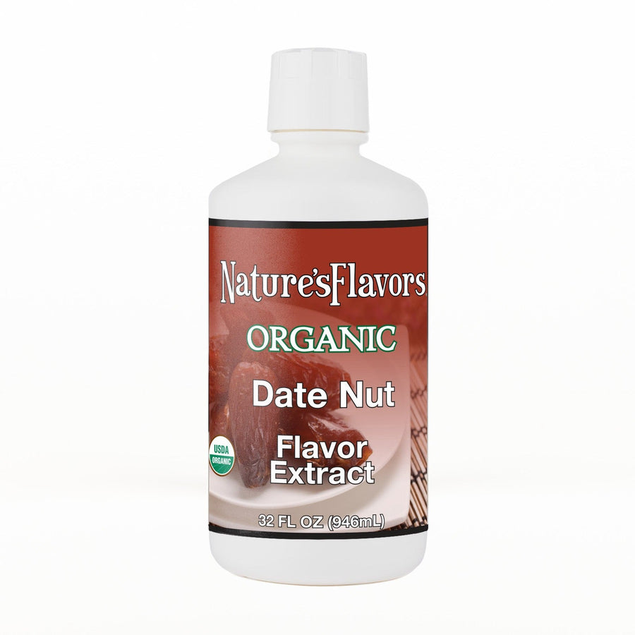 A 32 fl oz white plastic bottle of Nature's Flavors Date Nut Flavor Extract, Organic with a white cap, centered on a white background.