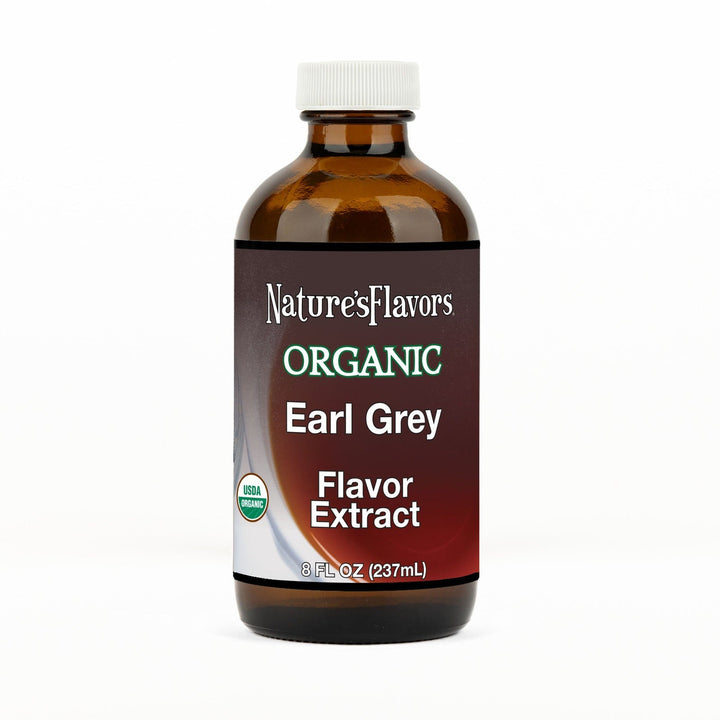 An 8 fl oz amber glass bottle of Nature's Flavors Earl Grey Flavor Extract, Organic with a white cap, centered on a white background.