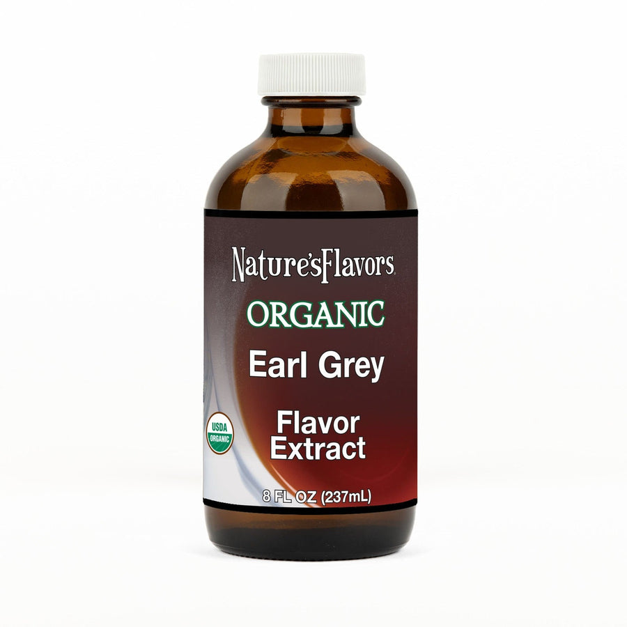 An 8 fl oz amber glass bottle of Nature's Flavors Earl Grey Flavor Extract, Organic with a white cap, centered on a white background.