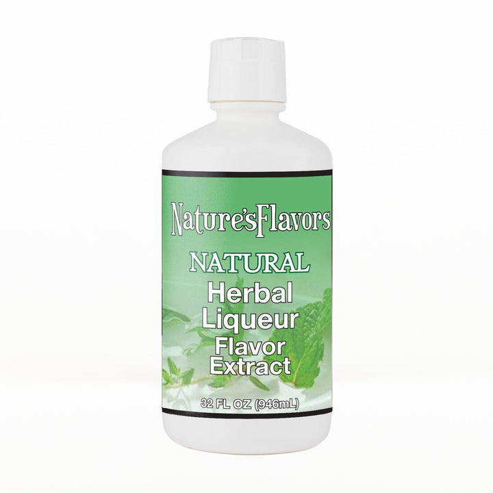 A 32 fl oz white plastic bottle of Nature's Flavors Herbal Liqueur Flavor Extract, Natural with a white cap, centered on a white background.