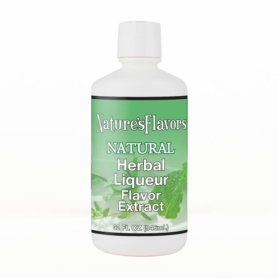 A 32 fl oz white plastic bottle of Nature's Flavors Herbal Liqueur Flavor Extract, Natural with a white cap, centered on a white background.