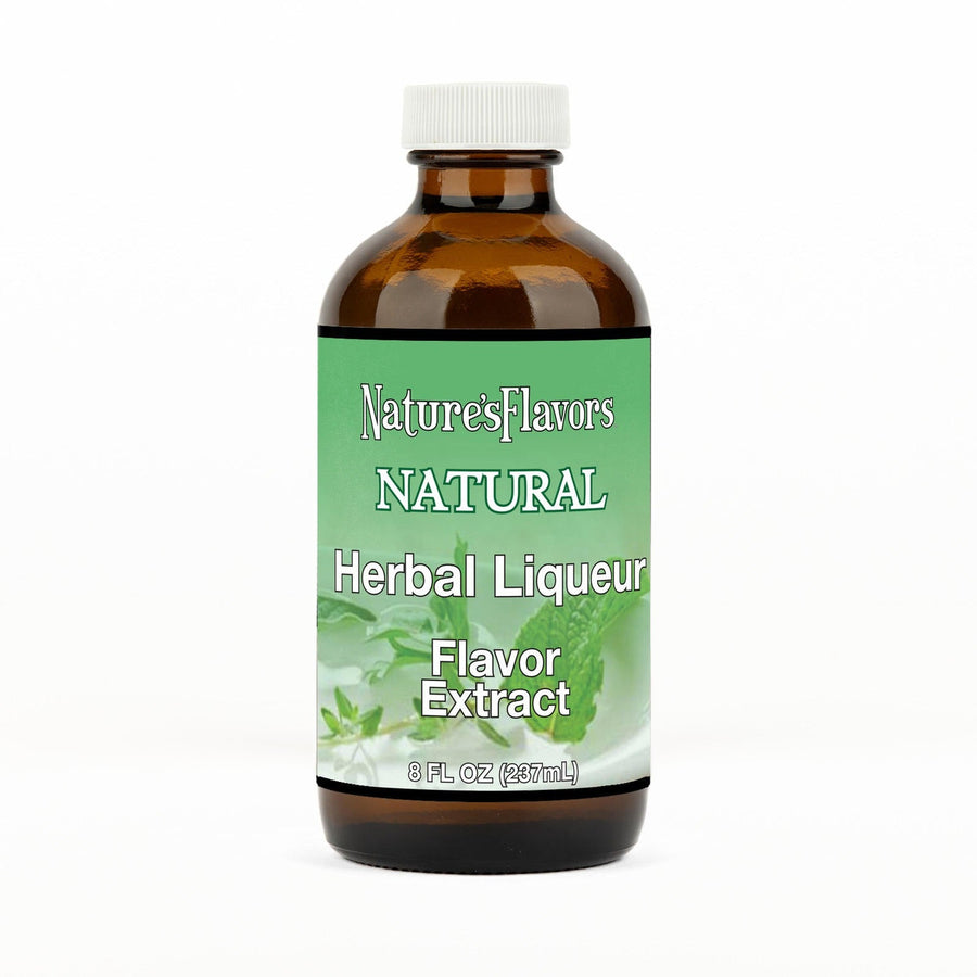 An 8 fl oz amber glass bottle of Nature's Flavors Herbal Liqueur Flavor Extract, Natural with a white cap, centered on a white background.