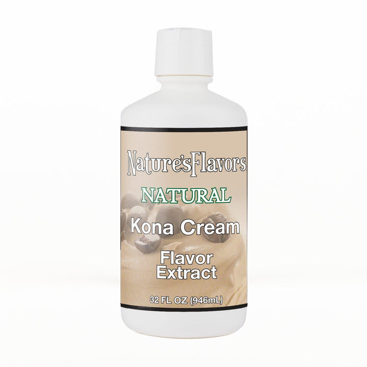 A 32 fl oz white plastic bottle of Nature's Flavors Kona Cream Flavor Extract, Natural with a white cap, centered on a white background.
