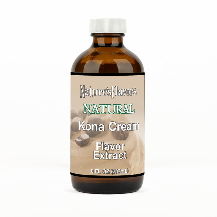An 8 fl oz amber glass bottle of Nature's Flavors Kona Cream Flavor Extract, Natural with a white cap, centered on a white background.