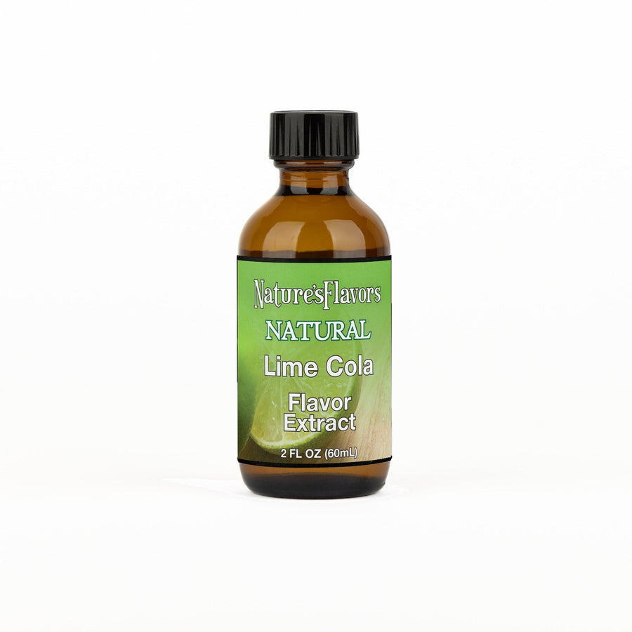 A 2 fl oz amber glass bottle of Nature's Flavors Lime Cola Flavor Extract, Natural with a black cap, centered on a white background.