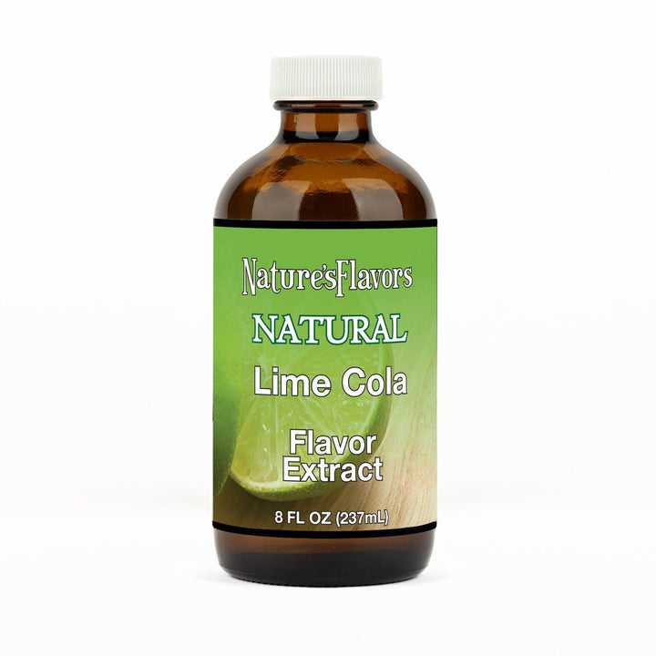 An 8 fl oz amber glass bottle of Nature's Flavors Lime Cola Flavor Extract, Natural with a white cap, centered on a white background.
