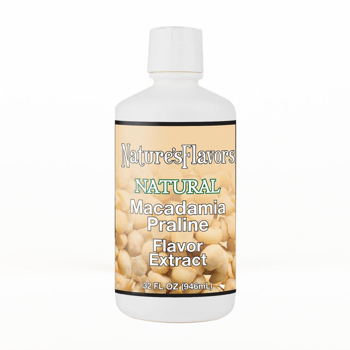 A 32 fl oz white plastic bottle of Nature's Flavors Macadamia Praline Flavor Extract, Natural with a white cap, centered on a white background.