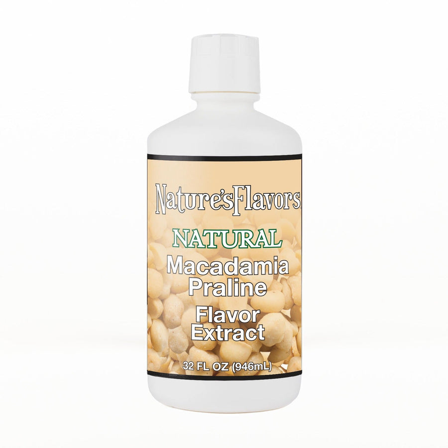 A 32 fl oz white plastic bottle of Nature's Flavors Macadamia Praline Flavor Extract, Natural with a white cap, centered on a white background.