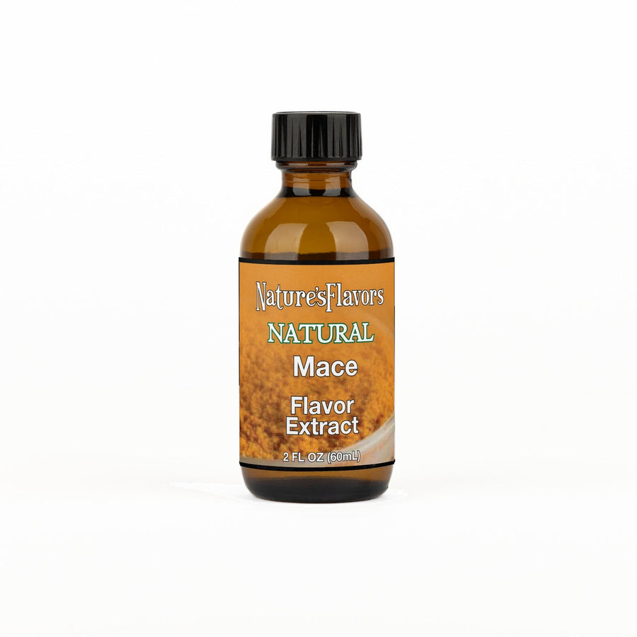A 2 fl oz amber glass bottle of Nature's Flavors Mace Flavor Extract, Natural with a black cap, centered on a white background.