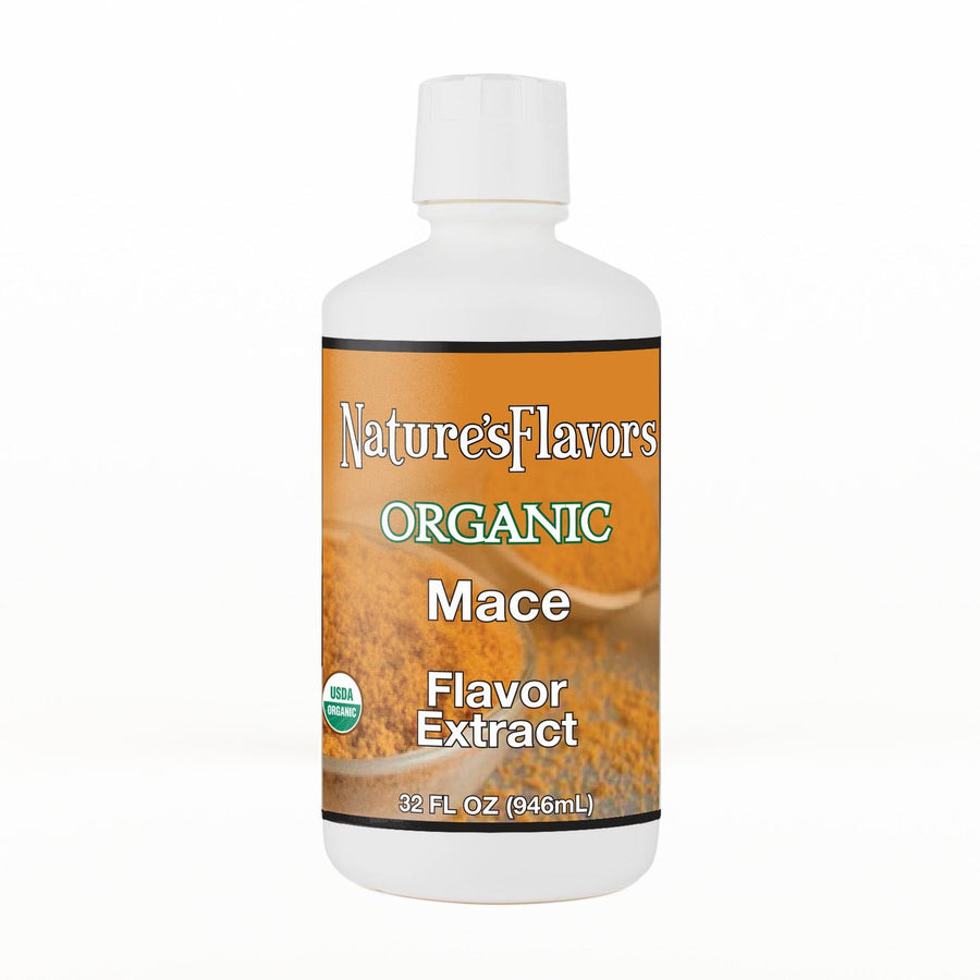 A 32 fl oz white plastic bottle of Nature's Flavors Mace Flavor Extract, Organic with a white cap, centered on a white background.