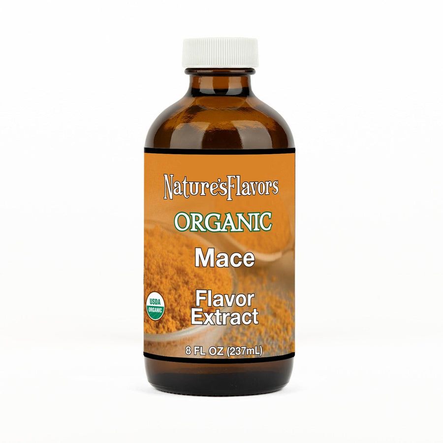 An 8 fl oz amber glass bottle of Nature's Flavors Mace Flavor Extract, Organic with a white cap, centered on a white background.