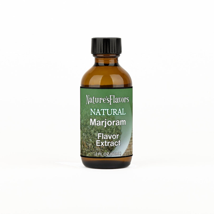 A 2 fl oz amber glass bottle of Nature's Flavors Marjoram Flavor Extract, Natural with a black cap, centered on a white background.