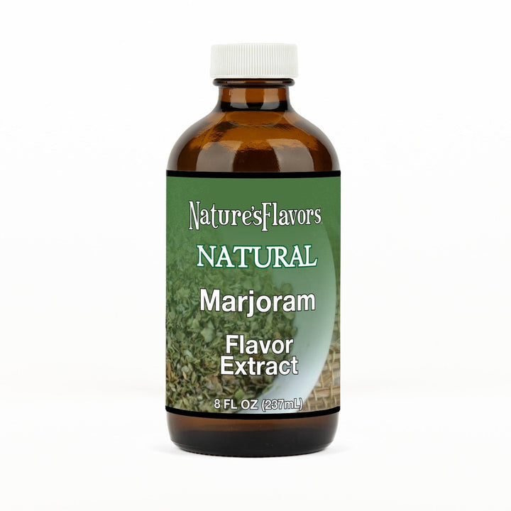 An 8 fl oz amber glass bottle of Nature's Flavors Marjoram Flavor Extract, Natural with a white cap, centered on a white background.