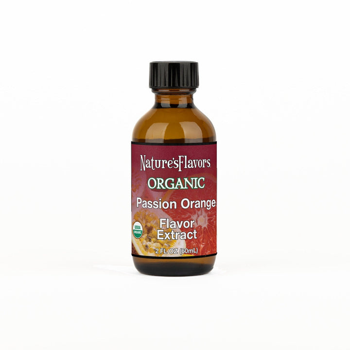 A 2 fl oz amber glass bottle of Nature's Flavors Passion Orange Flavor Extract, Organic with a black cap, centered on a white background.
