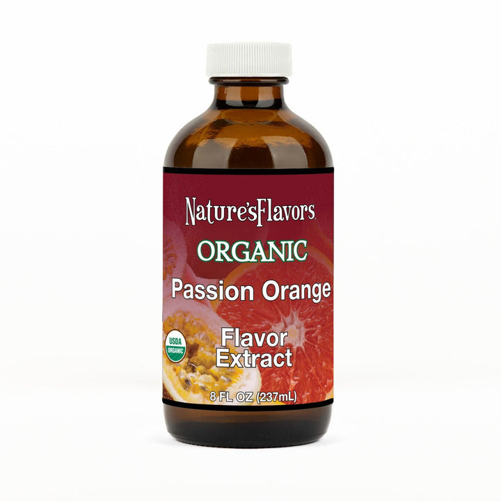 An 8 fl oz amber glass bottle of Nature's Flavors Passion Orange Flavor Extract, Organic with a white cap, centered on a white background.