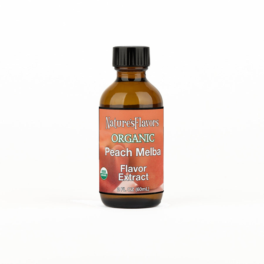 A 2 fl oz amber glass bottle of Nature's Flavors Peach Melba Flavor Extract, Organic with a black cap, centered on a white background.