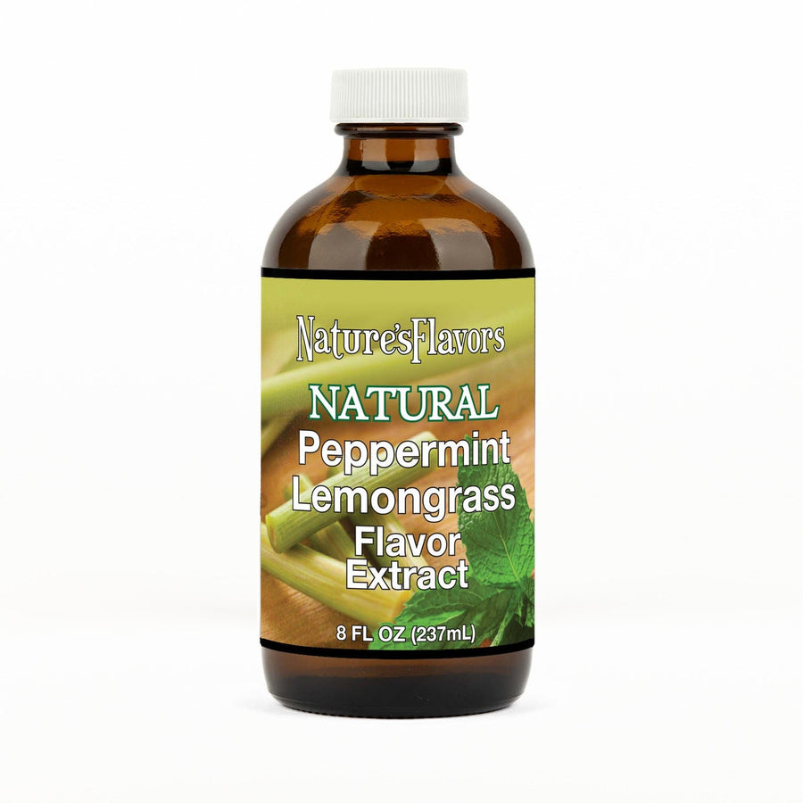 An 8 fl oz amber glass bottle of Nature's Flavors Peppermint Lemongrass Flavor Extract, Natural with a white cap, centered on a white background.