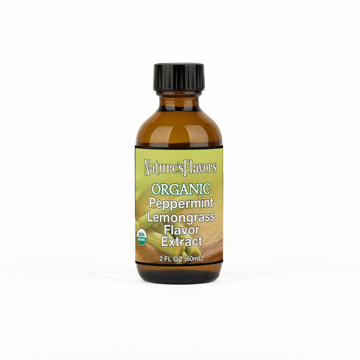 A 2 fl oz amber glass bottle of Nature's Flavors Peppermint Lemongrass Flavor Extract, Organic with a black cap, centered on a white background.