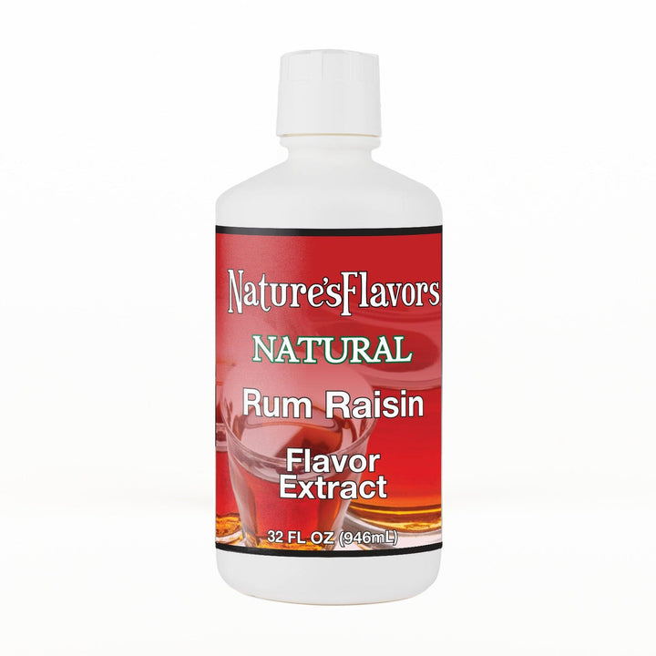 A 32 fl oz white plastic bottle of Nature's Flavors Rum Raisin Flavor Extract, Natural with a white cap, centered on a white background.