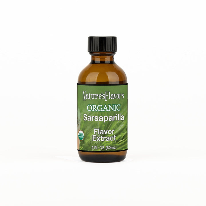 A 2 fl oz amber glass bottle of Nature's Flavors Sarsaparilla Flavor Extract, Organic with a black cap, centered on a white background.