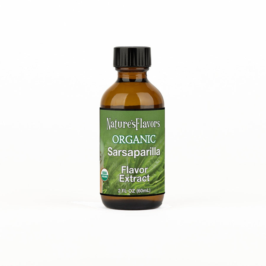 A 2 fl oz amber glass bottle of Nature's Flavors Sarsaparilla Flavor Extract, Organic with a black cap, centered on a white background.