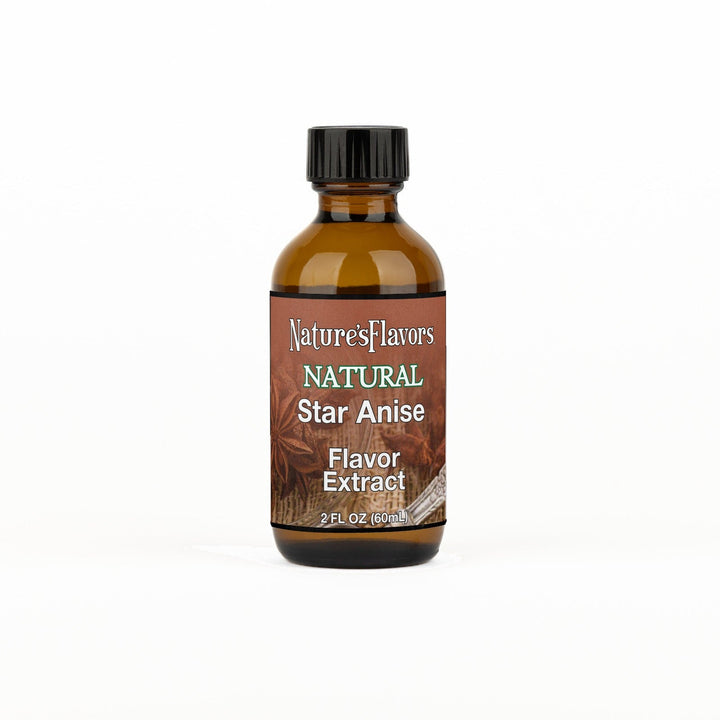 A 2 fl oz amber glass bottle of Nature's Flavors Star Anise Flavor Extract, Natural with a black cap, centered on a white background.
