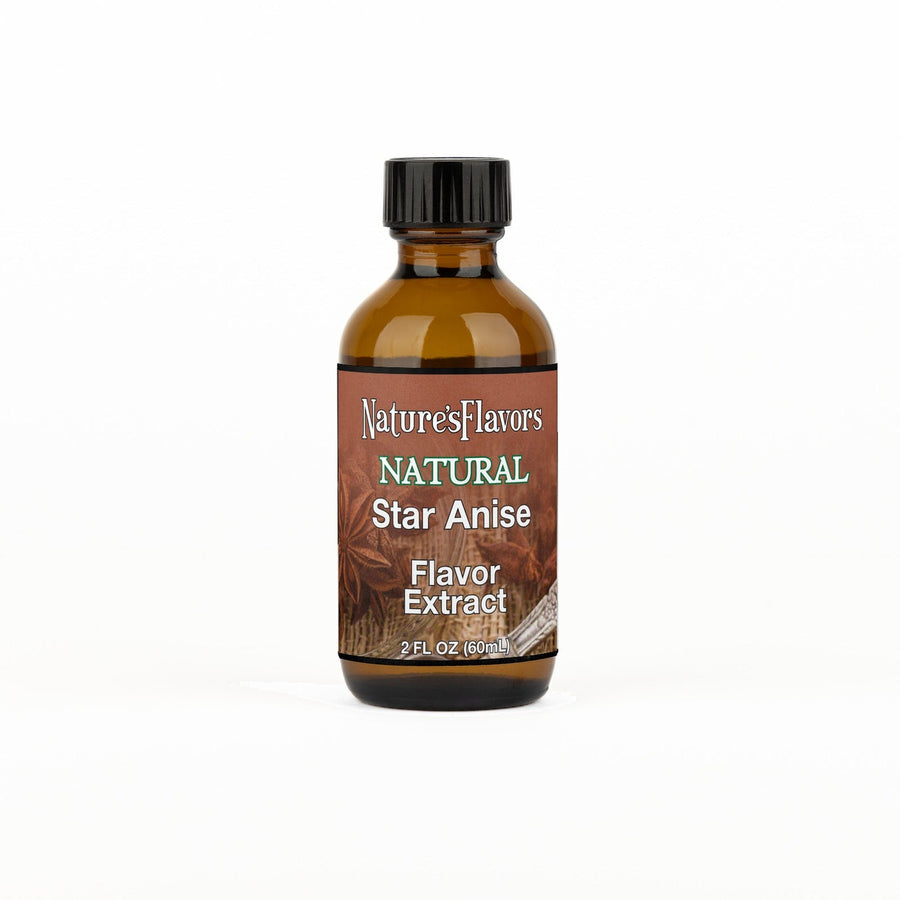 A 2 fl oz amber glass bottle of Nature's Flavors Star Anise Flavor Extract, Natural with a black cap, centered on a white background.