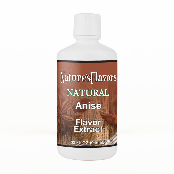 A 32 fl oz white plastic bottle of Nature's Flavors Star Anise Flavor Extract, Natural with a white cap, centered on a white background.