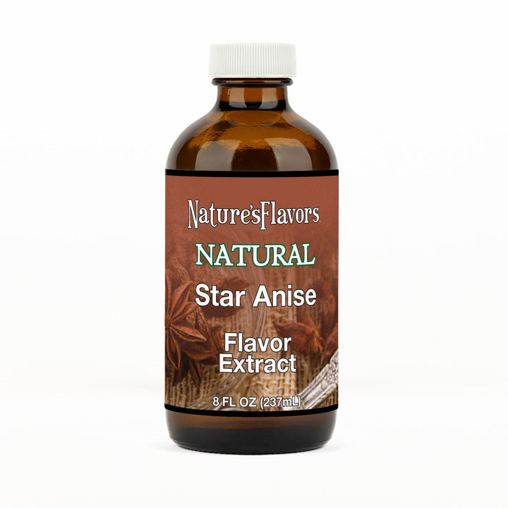 An 8 fl oz amber glass bottle of Nature's Flavors Star Anise Flavor Extract, Natural with a white cap, centered on a white background.