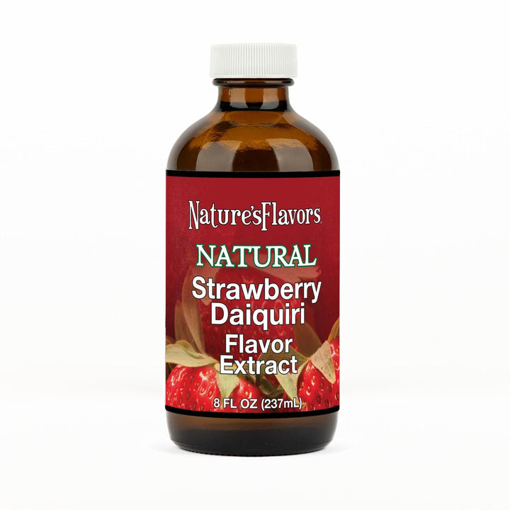 An 8 fl oz amber glass bottle of Nature's Flavors Strawberry Daiquiri Flavor Extract, Natural with a white cap, centered on a white background.