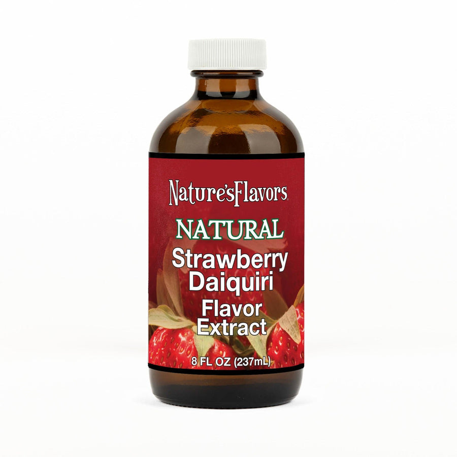 An 8 fl oz amber glass bottle of Nature's Flavors Strawberry Daiquiri Flavor Extract, Natural with a white cap, centered on a white background.