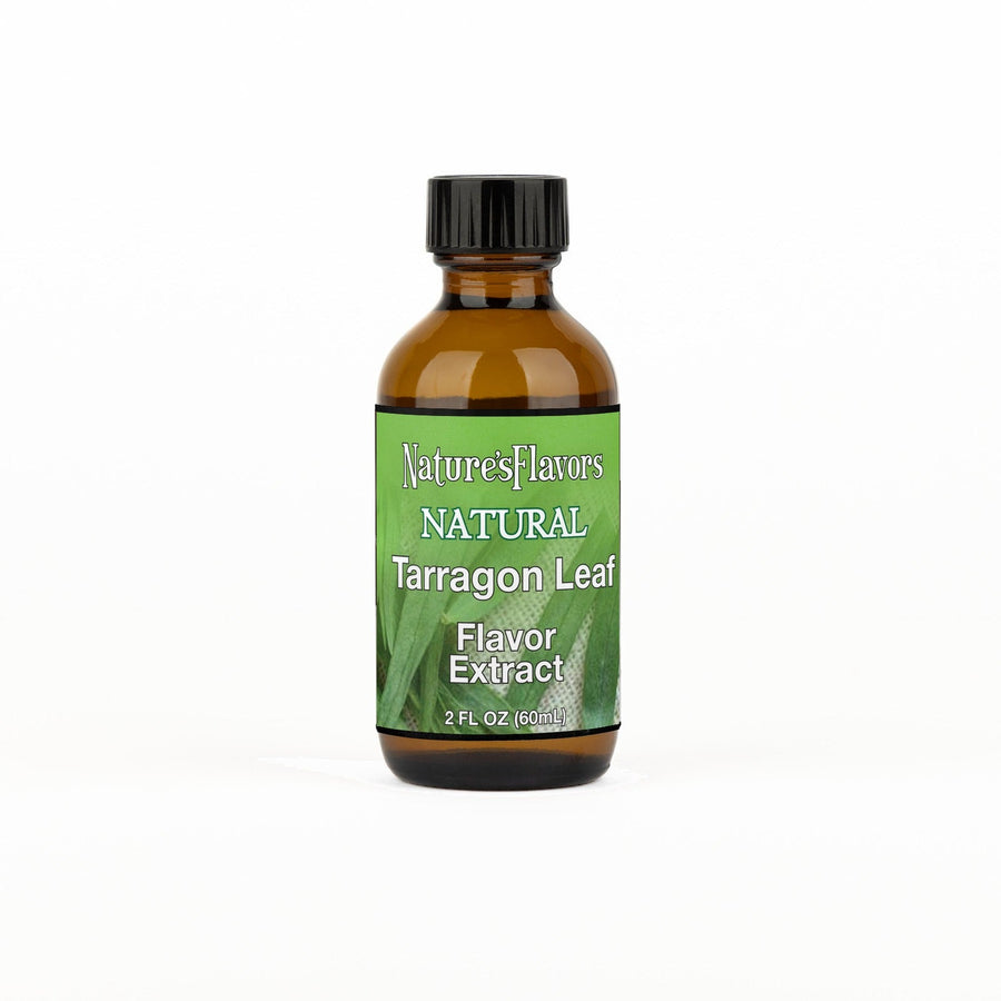 A 2 fl oz amber glass bottle of Nature's Flavors Tarragon Leaf Flavor Extract, Natural with a black cap, centered on a white background.