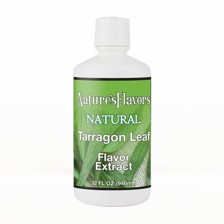 A 32 fl oz white plastic bottle of Nature's Flavors Tarragon Leaf Flavor Extract, Natural with a white cap, centered on a white background.