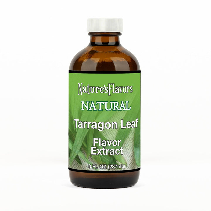 An 8 fl oz amber glass bottle of Nature's Flavors Tarragon Leaf Flavor Extract, Natural with a white cap, centered on a white background.