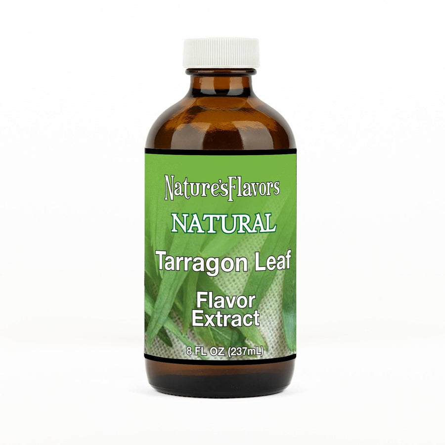 An 8 fl oz amber glass bottle of Nature's Flavors Tarragon Leaf Flavor Extract, Natural with a white cap, centered on a white background.