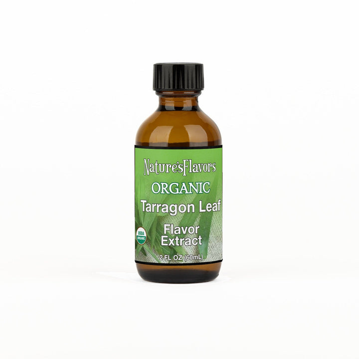 A 2 fl oz amber glass bottle of Nature's Flavors Tarragon Leaf Flavor Extract, Organic with a black cap, centered on a white background.