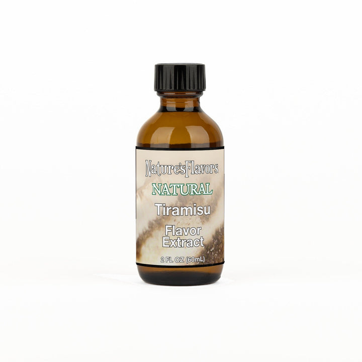 A 2 fl oz amber glass bottle of Nature's Flavors Tiramisu Flavor Extract, Natural with a black cap, centered on a white background.