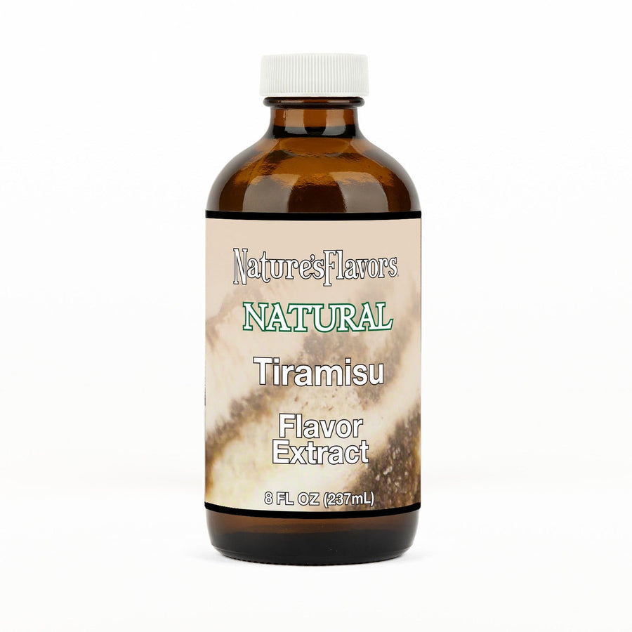 An 8 fl oz amber glass bottle of Nature's Flavors Tiramisu Flavor Extract, Natural with a white cap, centered on a white background.