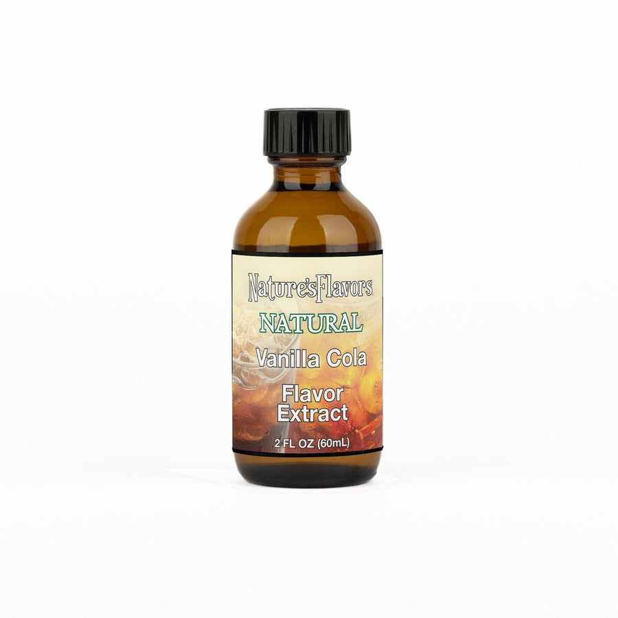 A 2 fl oz amber glass bottle of Nature's Flavors Vanilla Cola Flavor Extract, Natural with a black cap, centered on a white background.